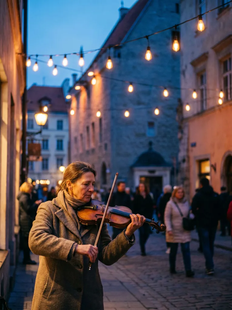 Street violinist under warm string lights in an old-town square at blue hour, cinematic warm-neutral color grade, soft directional key light, 35mm lens, shallow depth of field, natural skin tones, subtle film grain