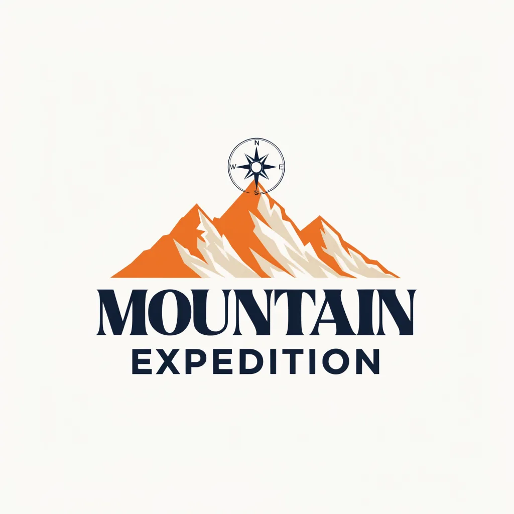 Flat vector badge illustration of a mountain expedition club, layered peaks and a compass rose, warm-neutral palette, soft diffused lighting, cohesive minimal background, premium editorial composition