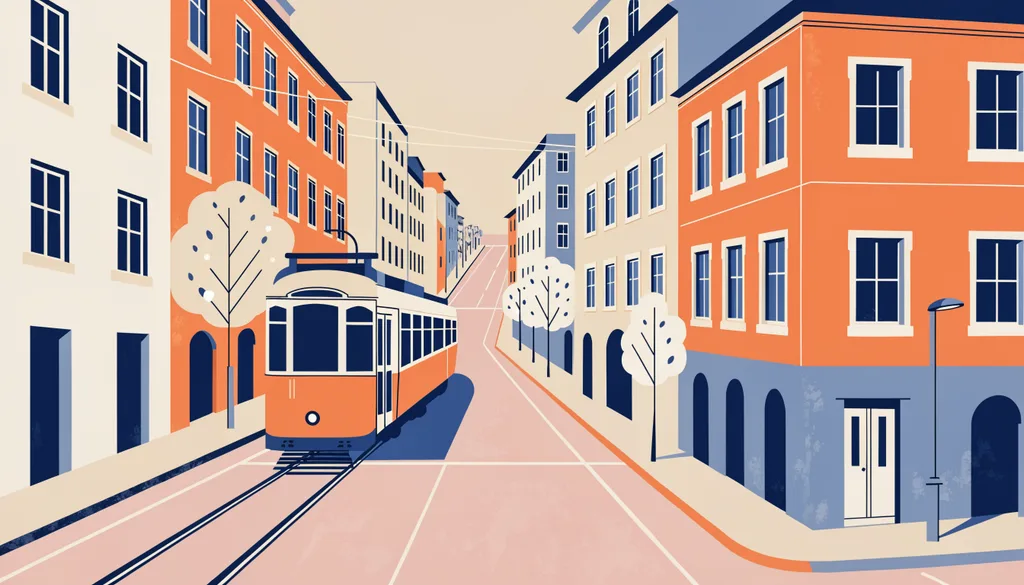 Minimal flat illustration of a Lisbon tram climbing a pastel street, clean geometric shapes, warm-neutral palette, soft diffused lighting, cohesive minimal background, premium editorial composition