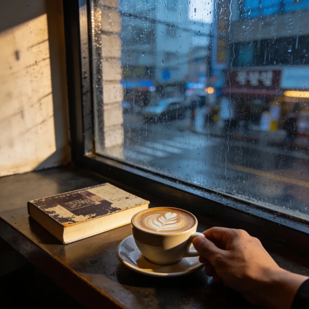 Rainy-day Seoul café window with latte art and a paperback, moody afternoon, cinematic warm-neutral color grade, soft directional key light, 35mm lens, shallow depth of field, natural skin tones, subtle film grain