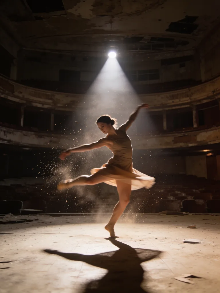 Contemporary dancer mid-spin in an abandoned theatre, dust in a single spotlight beam, cinematic warm-neutral color grade, soft directional key light, 35mm lens, shallow depth of field, natural skin tones, subtle film grain