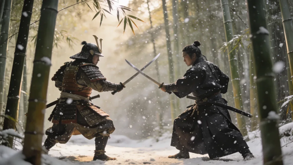 Two samurai facing off in a bamboo grove during falling snow, cinematic wide, cinematic warm-neutral color grade, soft directional key light, 35mm lens, shallow depth of field, natural skin tones, subtle film grain