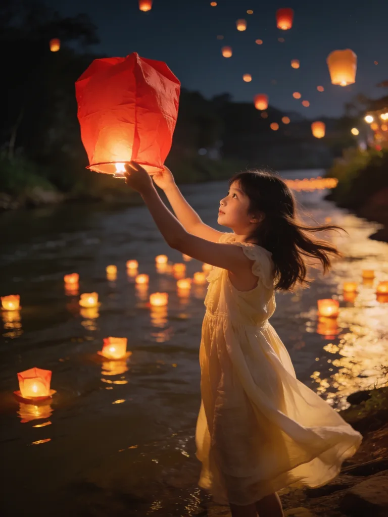 Girl releasing a paper lantern over a night river festival, hundreds of lights on the water, cinematic warm-neutral color grade, soft directional key light, 35mm lens, shallow depth of field, natural skin tones, subtle film grain