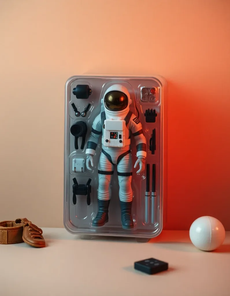 Collectible action figure of an astronaut in blister packaging with accessories, product photography, warm-neutral palette, soft diffused lighting, cohesive minimal background, premium editorial composition