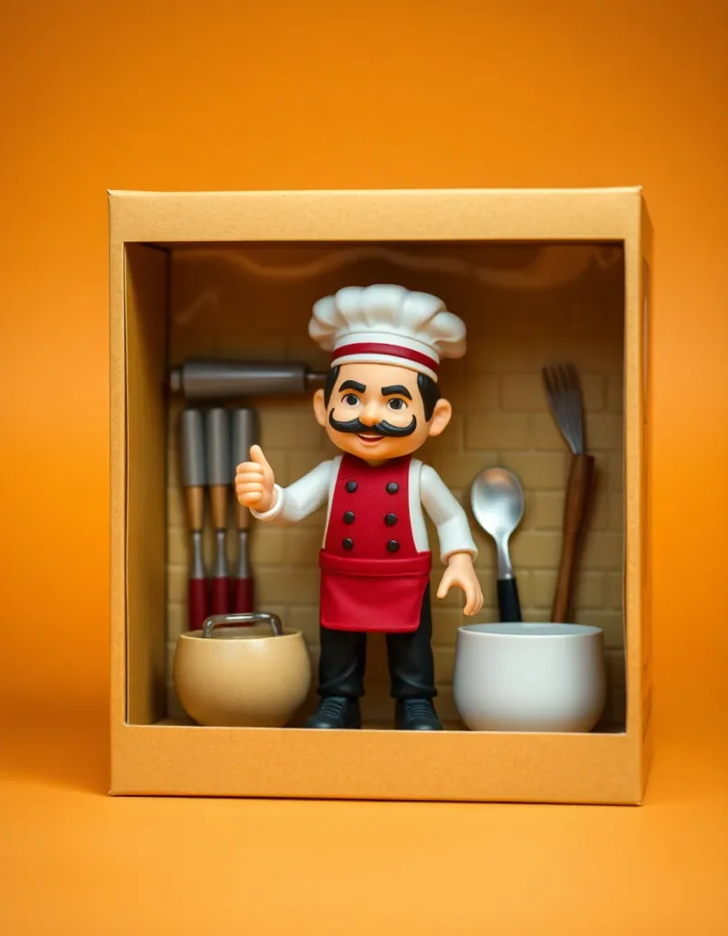 Toy action figure of a chef character in a boxed set with tiny utensils, studio product shot, warm-neutral palette, soft diffused lighting, cohesive minimal background, premium editorial composition