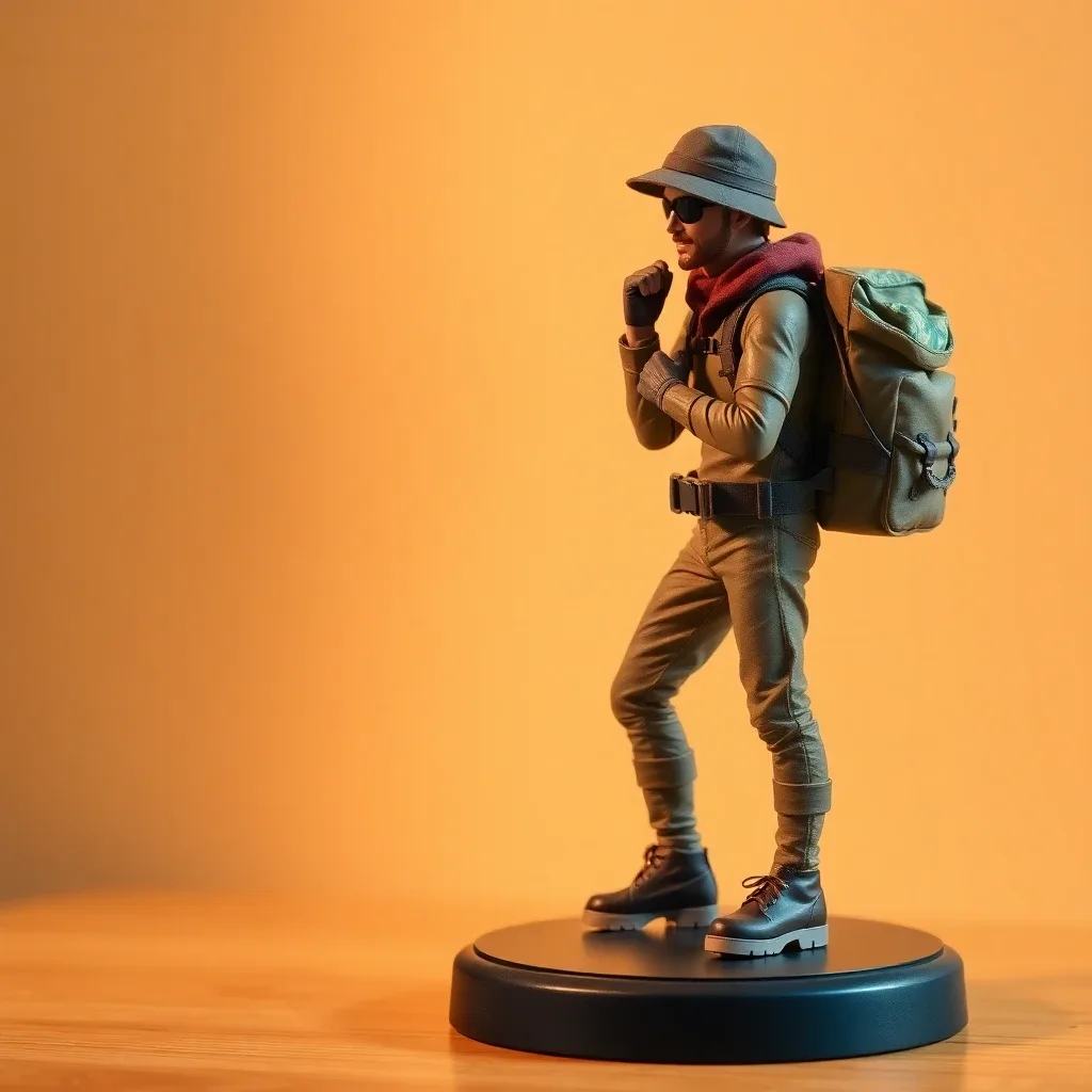 Detailed explorer action figure with backpack and map accessory on a display stand, warm-neutral palette, soft diffused lighting, cohesive minimal background, premium editorial composition