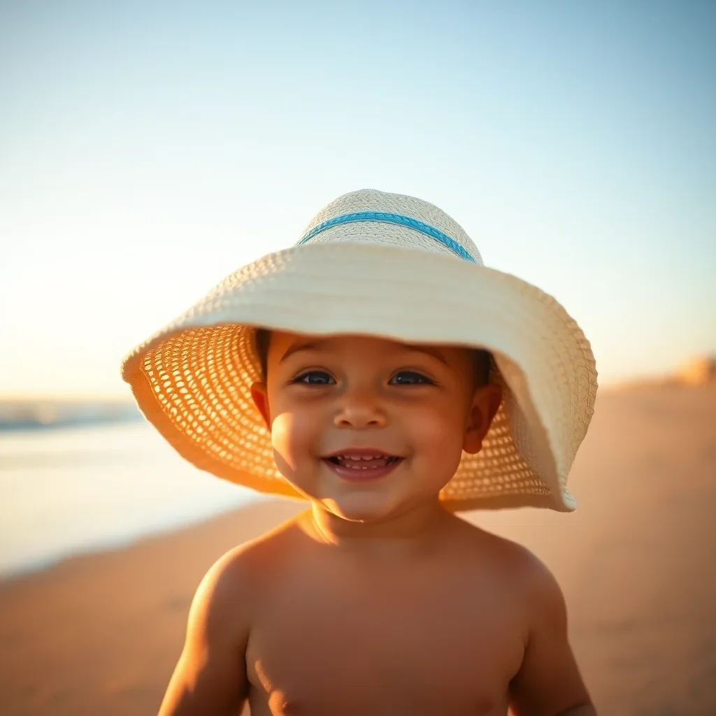 Baby in an oversized sun hat on a beach at golden hour, joyful candid, cinematic warm-neutral color grade, soft directional key light, 35mm lens, shallow depth of field, natural skin tones, subtle film grain
