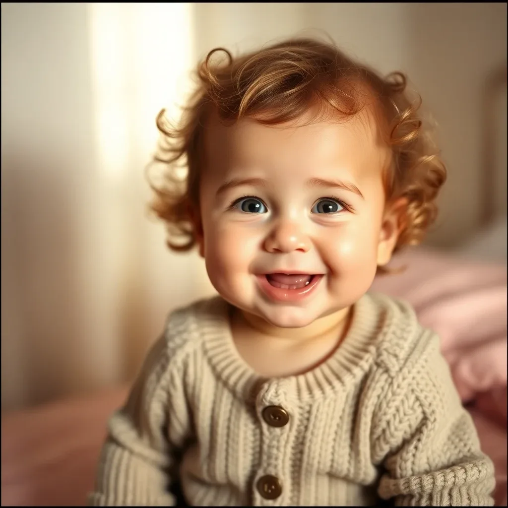 Adorable smiling baby with soft curls in a knit onesie, gentle nursery light, tender portrait, cinematic warm-neutral color grade, soft directional key light, 35mm lens, shallow depth of field, natural skin tones, subtle film grain
