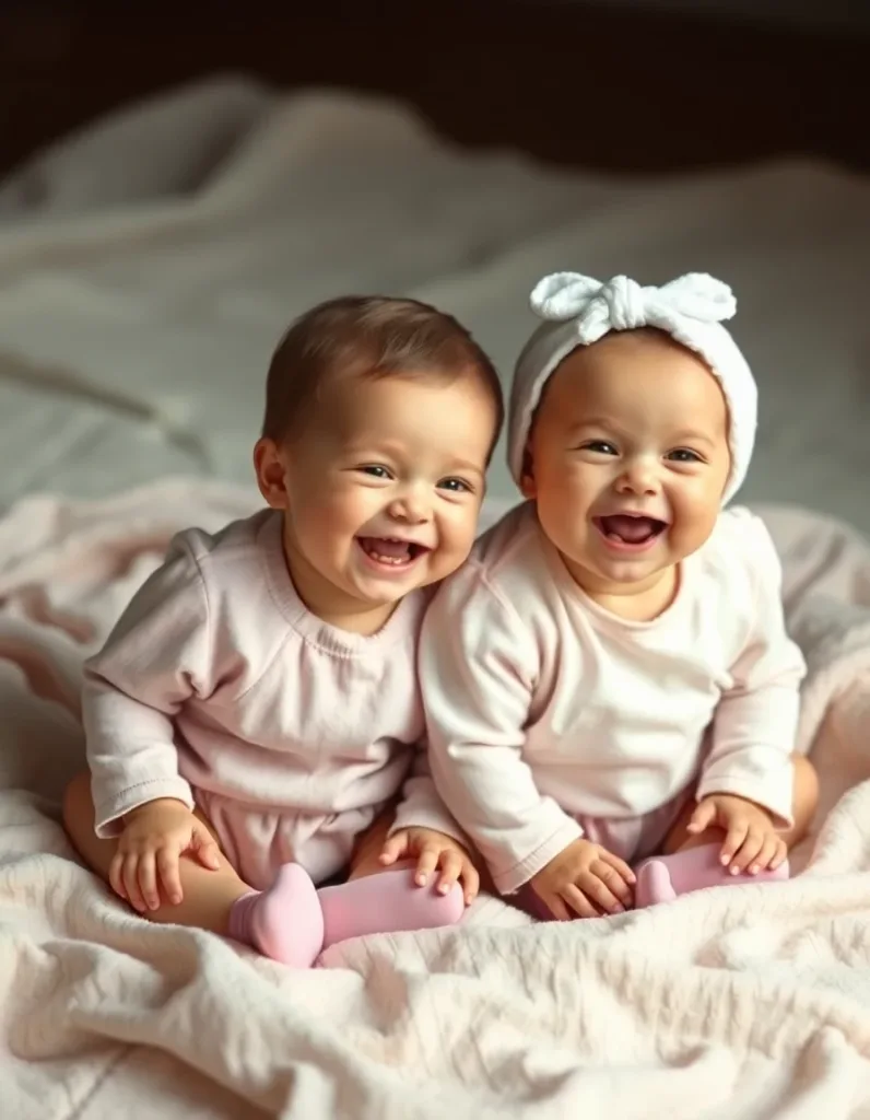 Two giggling baby twins in matching pastel outfits on a soft blanket, warm daylight, cinematic warm-neutral color grade, soft directional key light, 35mm lens, shallow depth of field, natural skin tones, subtle film grain