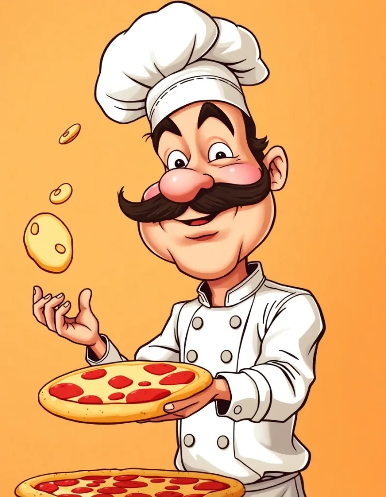Playful caricature of a mustachioed chef tossing pizza dough, oversized head, comic style, warm-neutral palette, soft diffused lighting, cohesive minimal background, premium editorial composition
