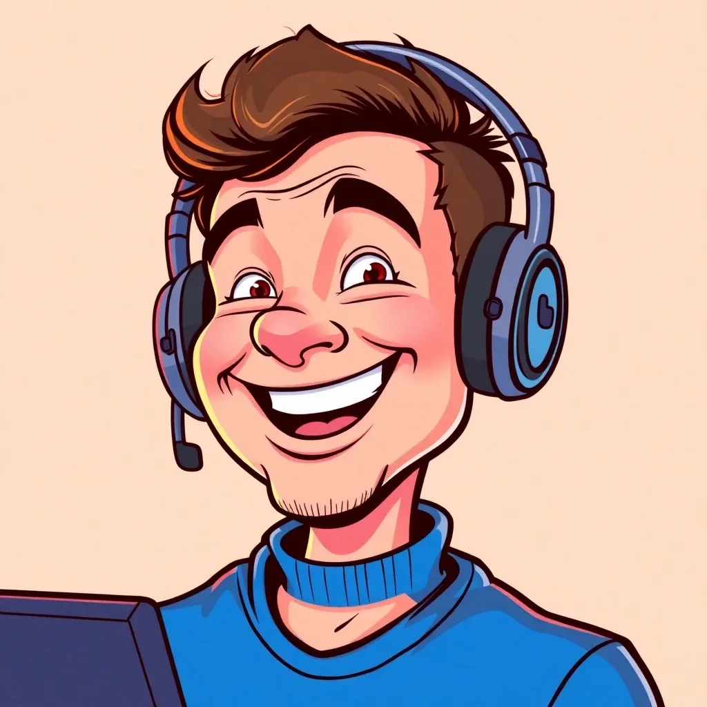Exaggerated caricature of an enthusiastic gamer with headset and big grin, bold outlines, vibrant, warm-neutral palette, soft diffused lighting, cohesive minimal background, premium editorial composition