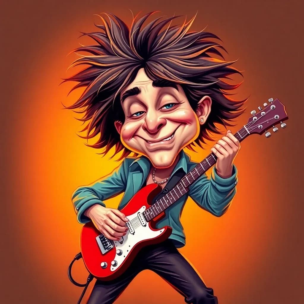 Caricature of a rockstar guitarist mid-solo, wild hair, exaggerated pose, colorful, warm-neutral palette, soft diffused lighting, cohesive minimal background, premium editorial composition