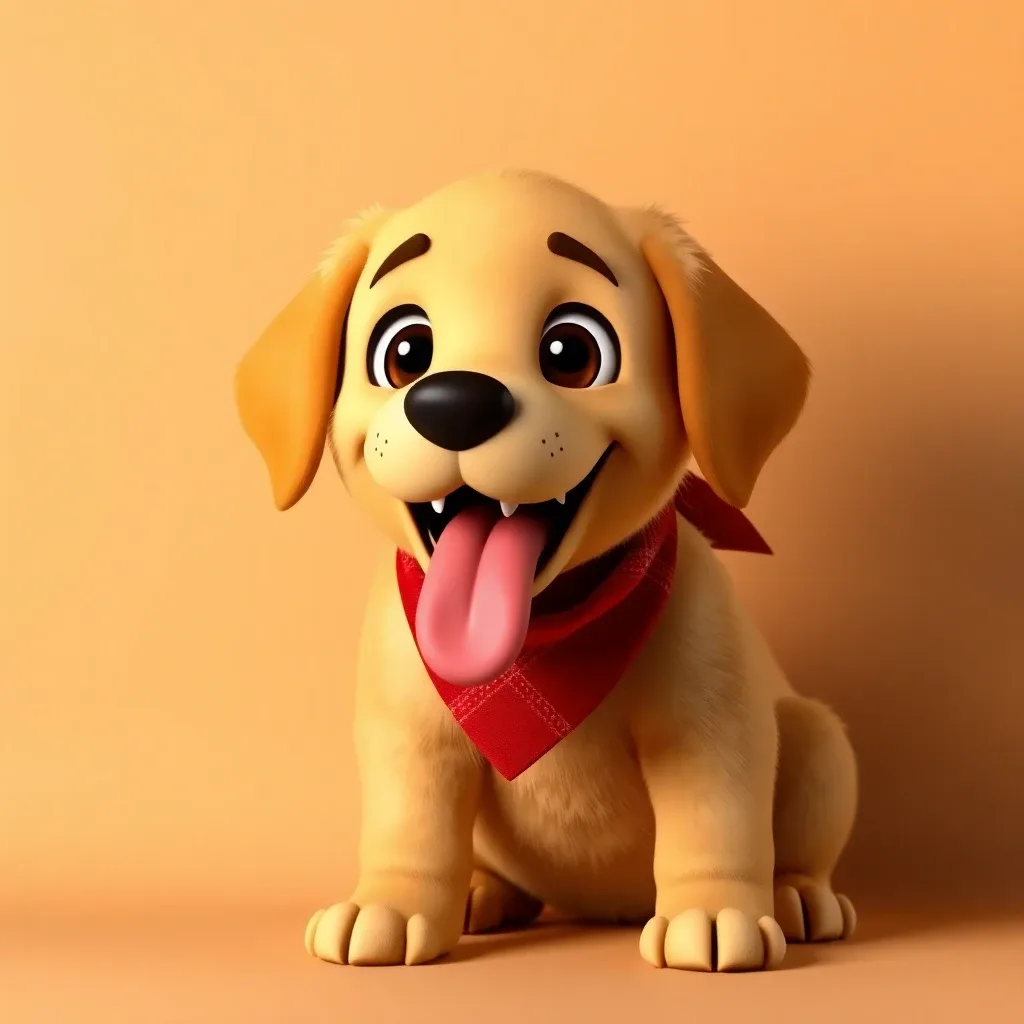 Playful 3D animated golden retriever puppy with a red bandana, tongue out, studio backdrop, warm-neutral palette, soft diffused lighting, cohesive minimal background, premium editorial composition