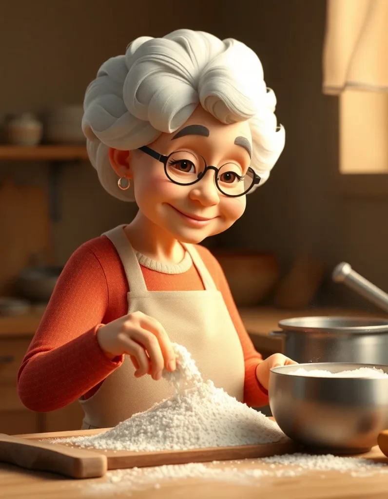 Heartwarming 3D animation style portrait of a grandmother baking, flour dust, warm kitchen, warm-neutral palette, soft diffused lighting, cohesive minimal background, premium editorial composition