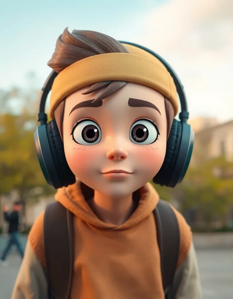 3D animated film style portrait of a teenage skater with headphones, expressive big eyes, city park background, warm-neutral palette, soft diffused lighting, cohesive minimal background, premium editorial composition