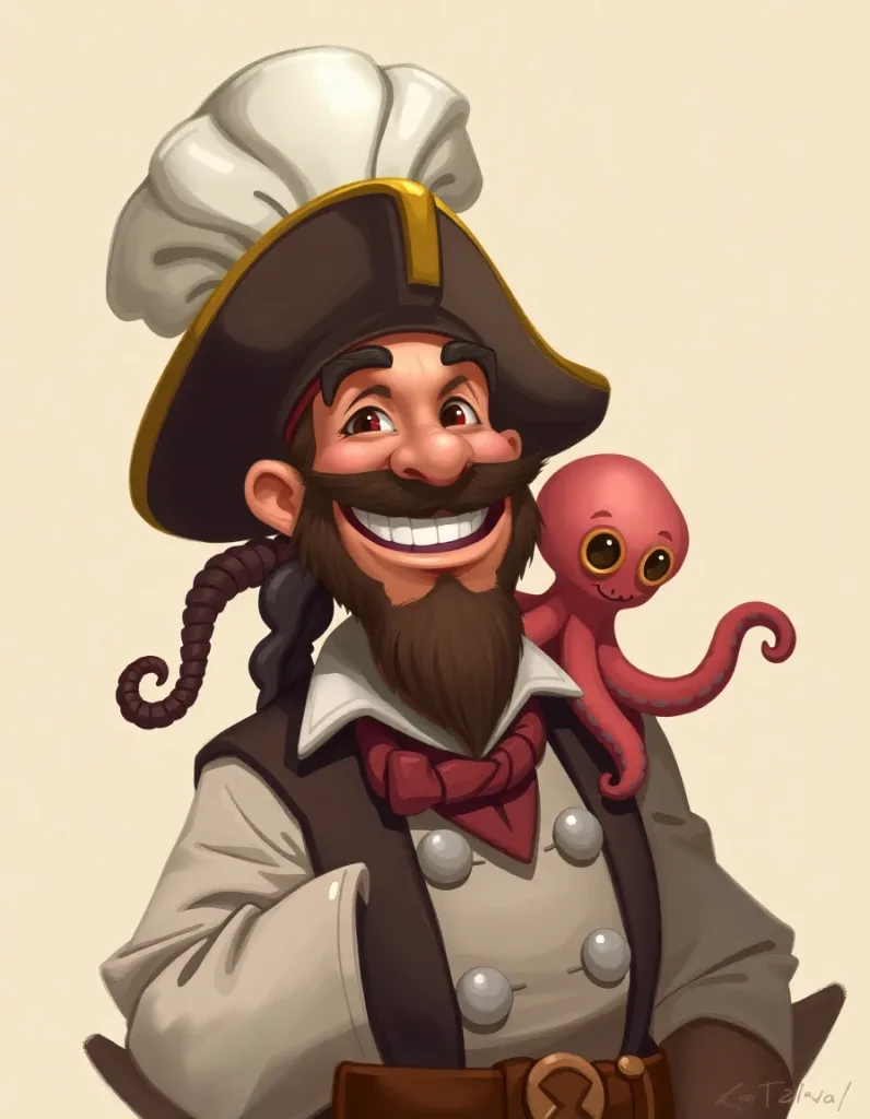 Stylized character: jovial pirate chef with octopus sous-chef on shoulder, painterly concept art, warm-neutral palette, soft diffused lighting, cohesive minimal background, premium editorial composition