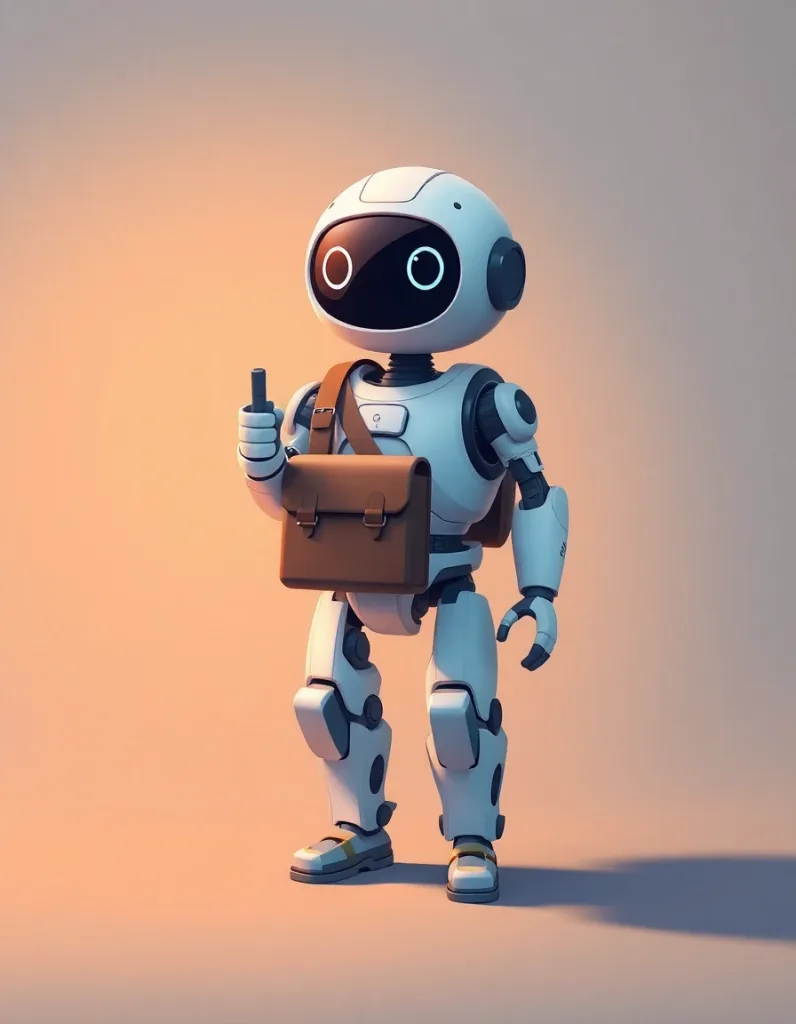 Character design: friendly round courier robot with satchel, orthographic front view, concept art, warm-neutral palette, soft diffused lighting, cohesive minimal background, premium editorial composition