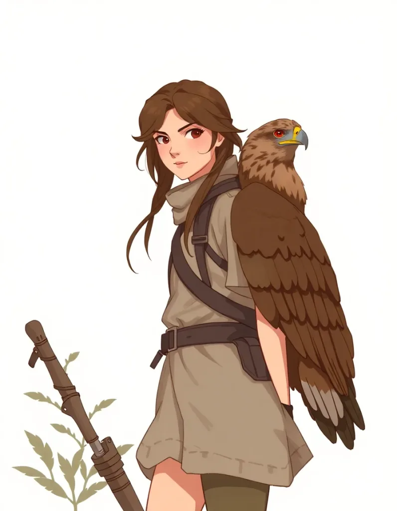 Character sheet style: young forest ranger heroine with a hawk companion, three-quarter view, concept art, warm-neutral palette, soft diffused lighting, cohesive minimal background, premium editorial composition