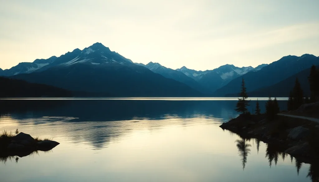 Ultra-sharp mountain lake vista with crisp reflections and fine texture detail, cinematic warm-neutral color grade, soft directional key light, 35mm lens, shallow depth of field, natural skin tones, subtle film grain