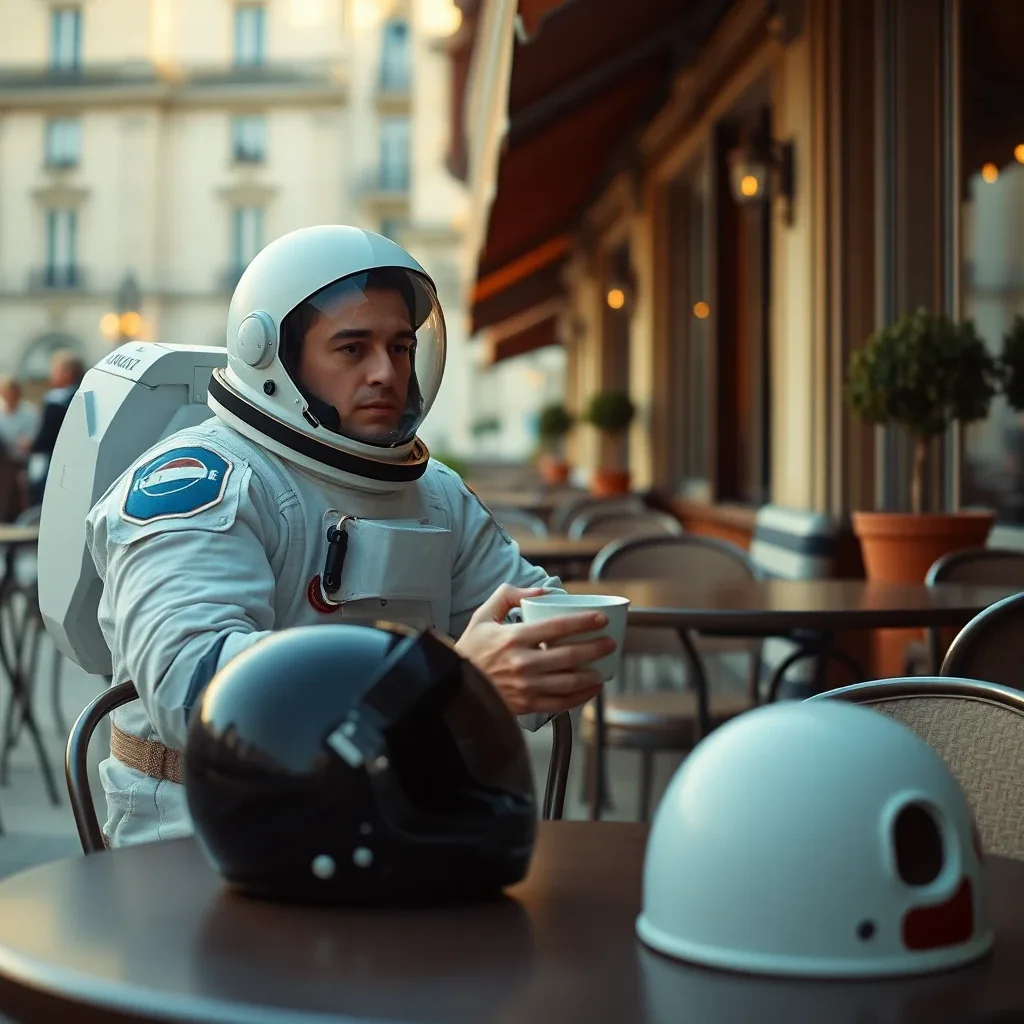 Astronaut having coffee at a Parisian café terrace, helmet on the table, morning light, cinematic warm-neutral color grade, soft directional key light, 35mm lens, shallow depth of field, natural skin tones, subtle film grain