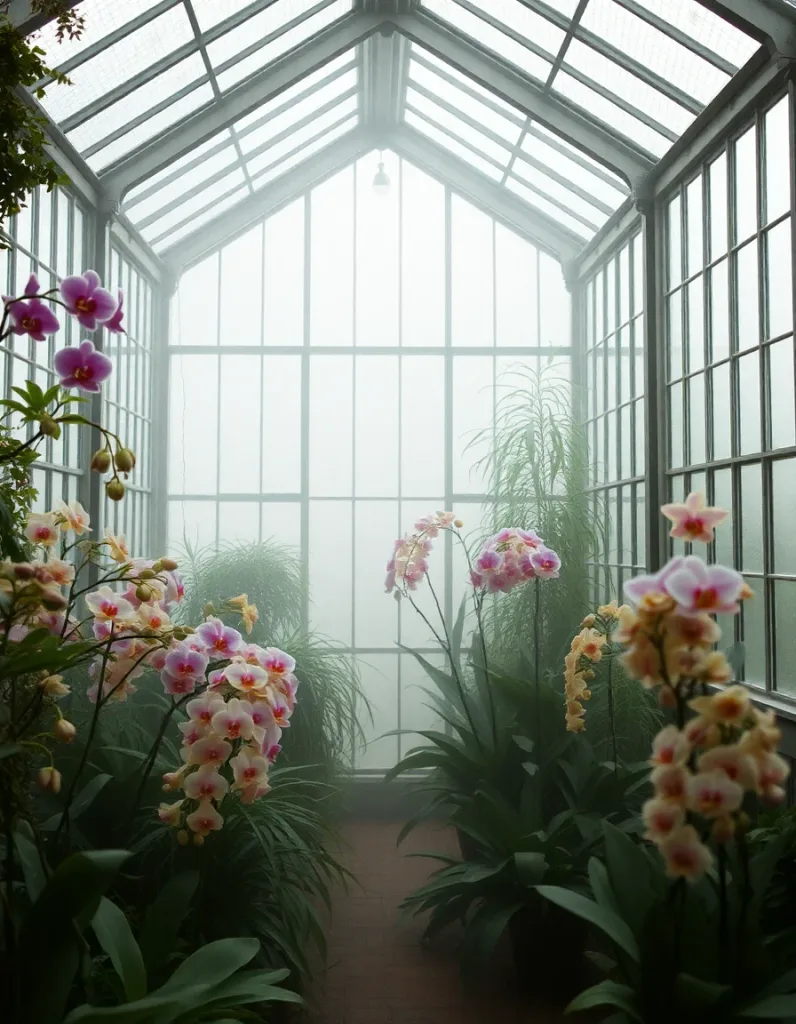 Victorian glass greenhouse interior full of rare orchids, volumetric morning fog, cinematic warm-neutral color grade, soft directional key light, 35mm lens, shallow depth of field, natural skin tones, subtle film grain