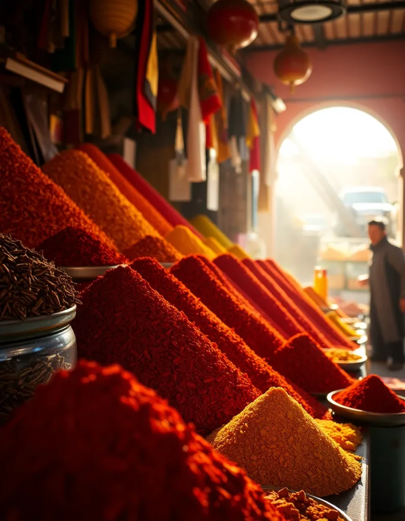 Vibrant Marrakech spice market stall, pyramids of saffron and paprika, dust motes in light shafts, cinematic warm-neutral color grade, soft directional key light, 35mm lens, shallow depth of field, natural skin tones, subtle film grain