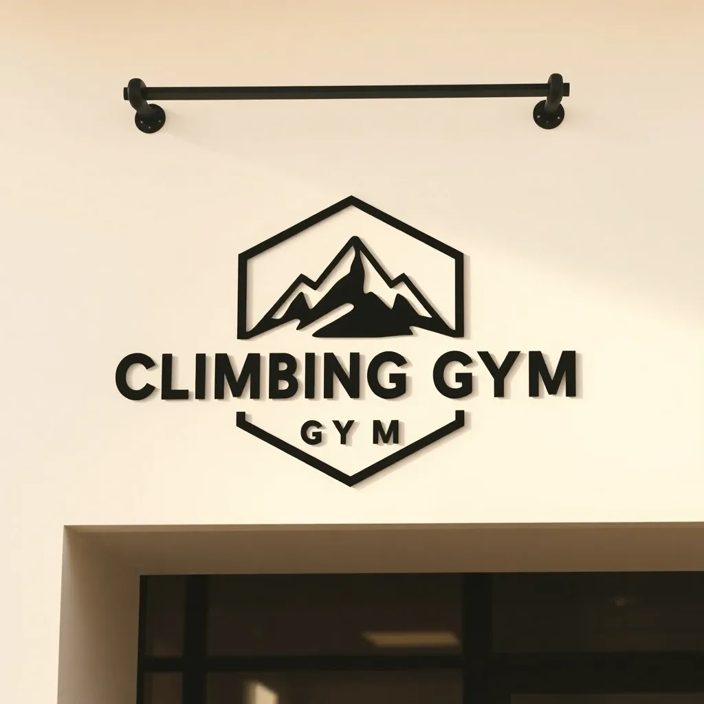 Bold emblem logo for a climbing gym, abstract mountain peak in a hexagon, embossed on matte black signage mockup, warm-neutral palette, soft diffused lighting, cohesive minimal background, premium editorial composition