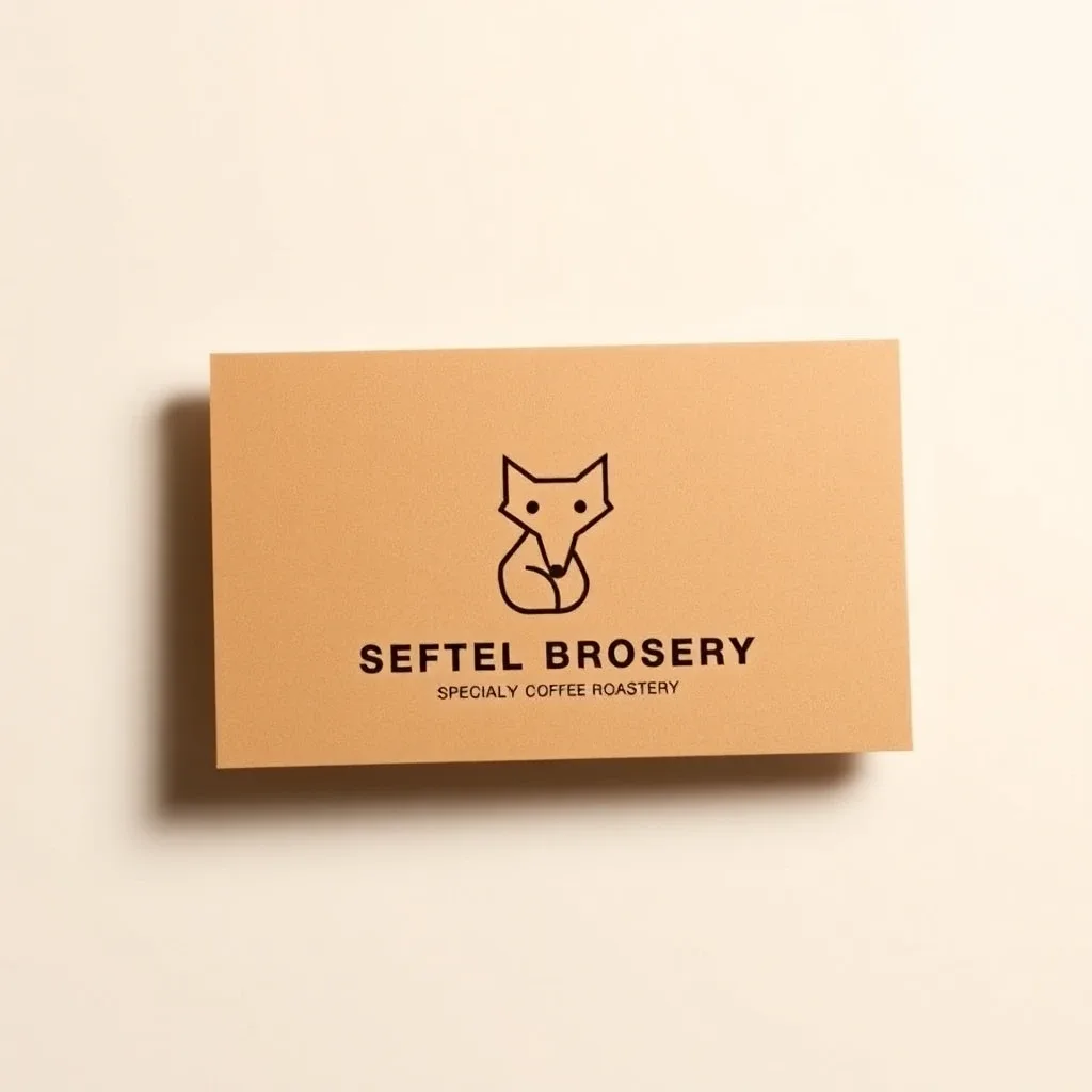 Minimal geometric logo mark for a specialty coffee roastery, single-line fox icon, presented on a kraft paper business card mockup, warm-neutral palette, soft diffused lighting, cohesive minimal background, premium editorial composition