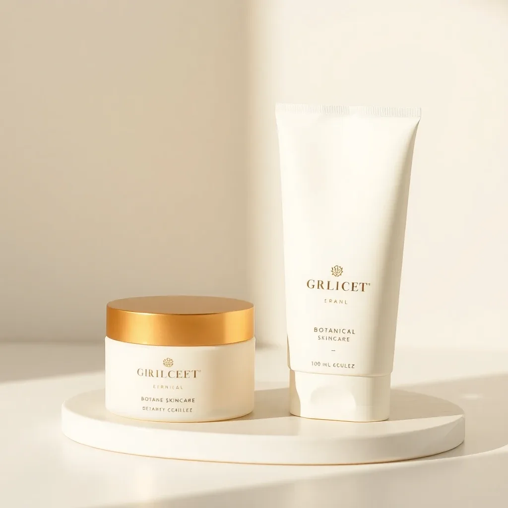 Elegant serif wordmark logo for a botanical skincare brand, gold foil on cream packaging mockup, warm-neutral palette, soft diffused lighting, cohesive minimal background, premium editorial composition