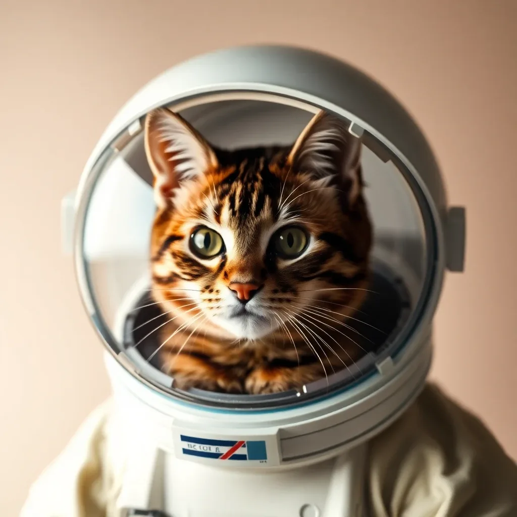 Tabby cat as an astronaut, portrait inside a space helmet with nebula reflections, warm-neutral palette, soft diffused lighting, cohesive minimal background, premium editorial composition