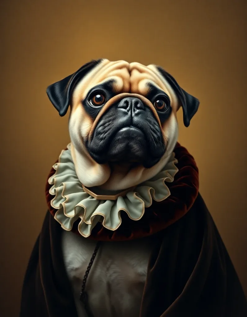 Renaissance oil painting portrait of a regal pug wearing a ruff collar and velvet cape, warm-neutral palette, soft diffused lighting, cohesive minimal background, premium editorial composition