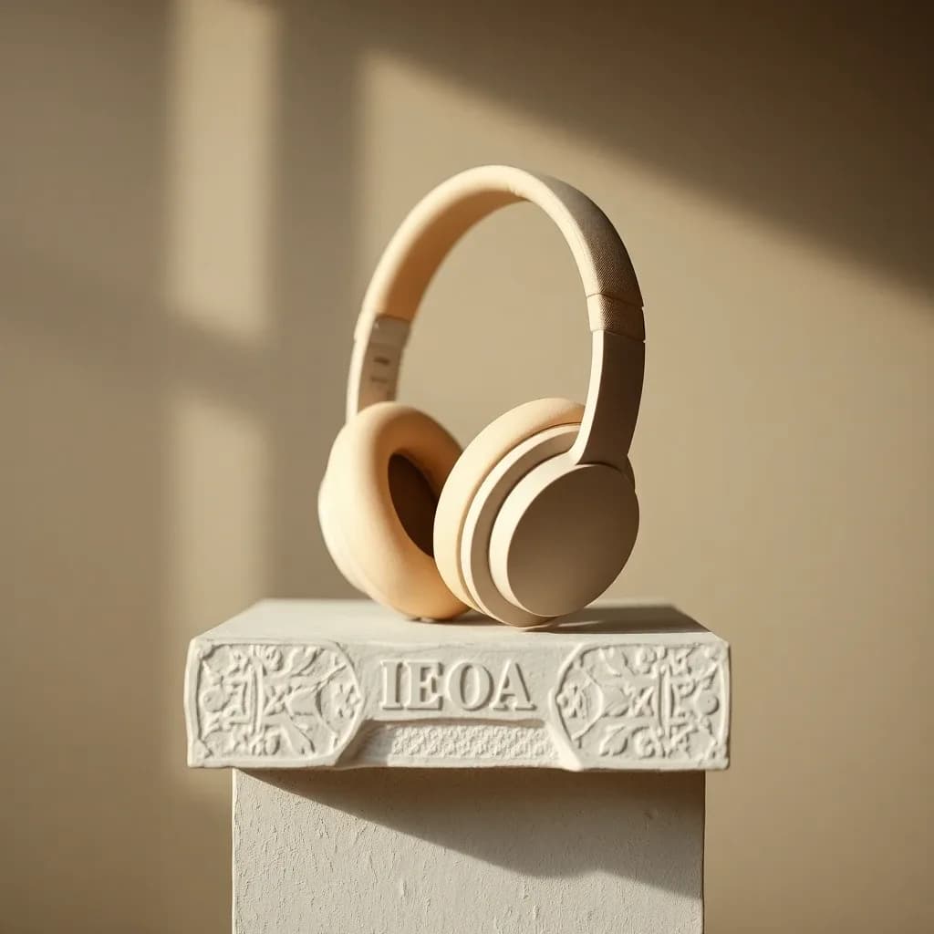 Matte sand-colored headphones on a sculptural plaster block, editorial product shot, cinematic warm-neutral color grade, soft directional key light, 35mm lens, shallow depth of field, natural skin tones, subtle film grain