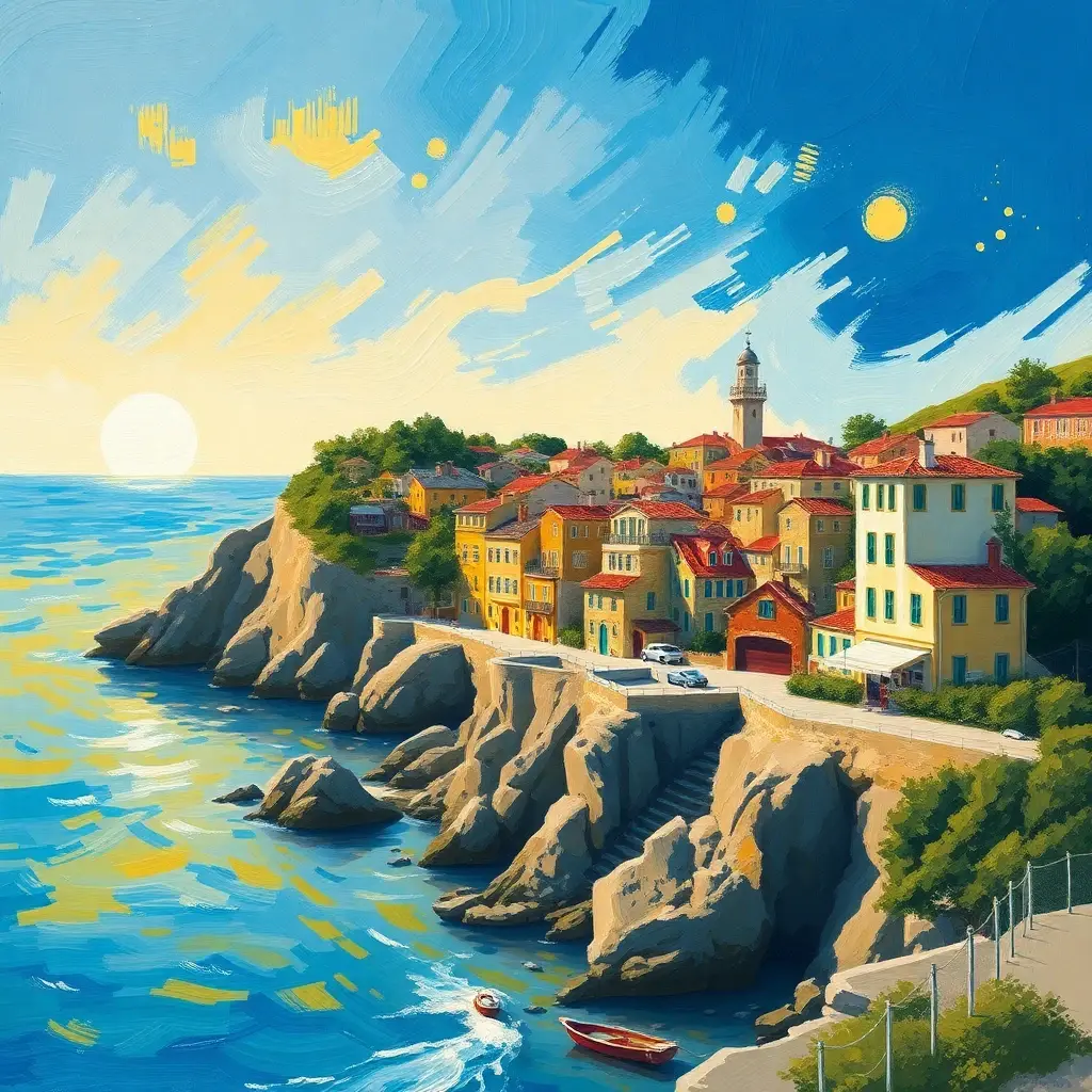 A coastal village rendered in swirling post-impressionist brushstrokes, thick impasto, vivid blues and yellows, warm-neutral palette, soft diffused lighting, cohesive minimal background, premium editorial composition