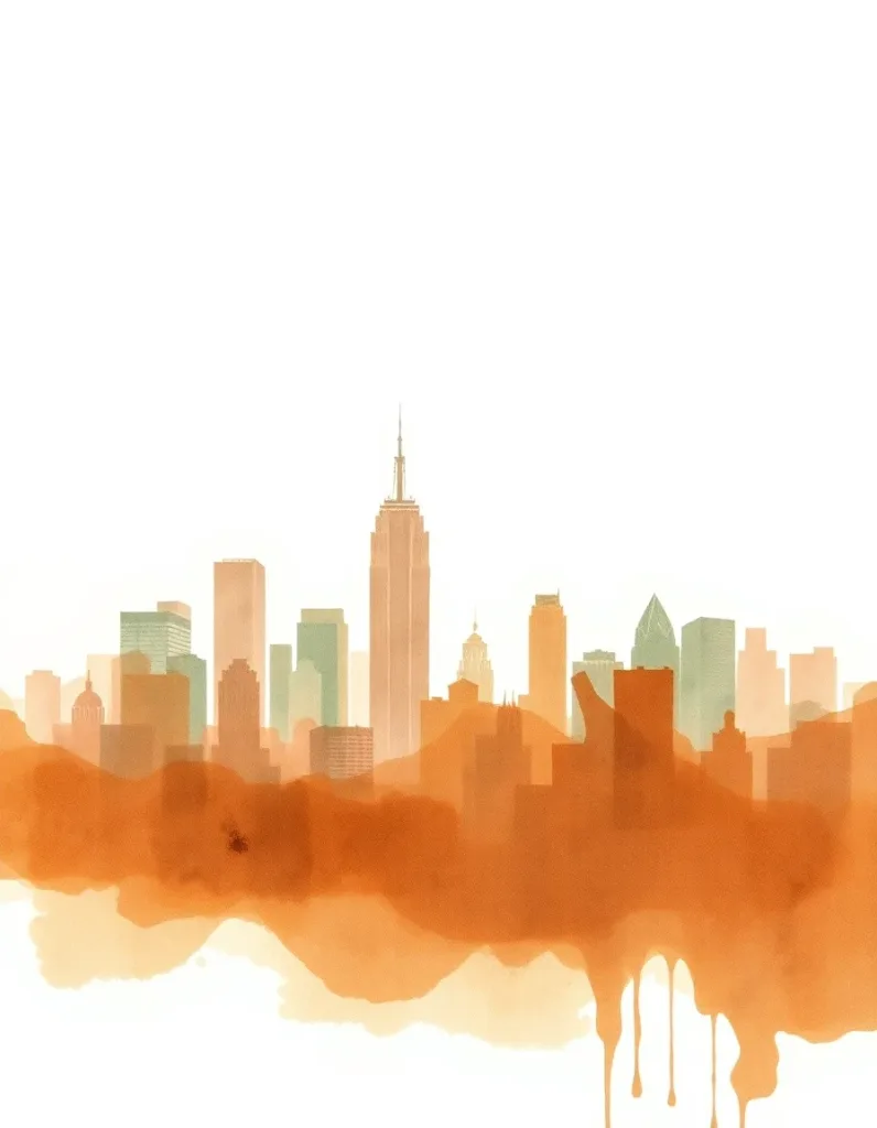 A city skyline as a loose watercolor wash, bleeding pigments, paper texture, warm-neutral palette, soft diffused lighting, cohesive minimal background, premium editorial composition