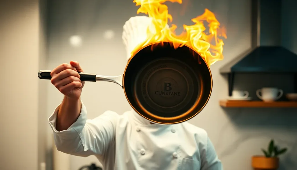 Excited chef holding up a flaming pan toward camera, dramatic kitchen backdrop, high-energy YouTube thumbnail composition with clear negative space left, cinematic warm-neutral color grade, soft directional key light, 35mm lens, shallow depth of field, natural skin tones, subtle film grain