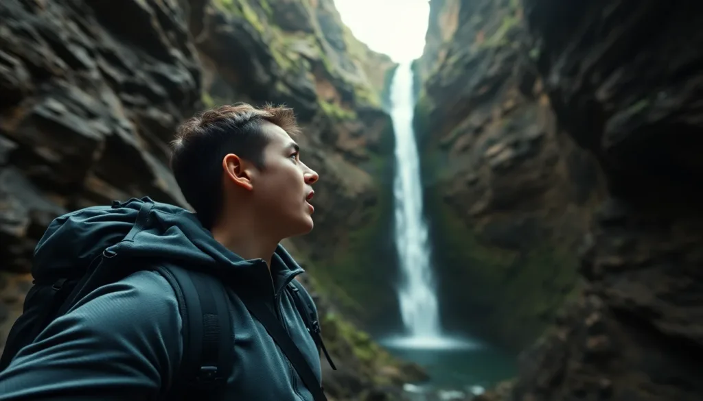 Backpacker gasping at a hidden waterfall canyon, point-of-view drama, YouTube thumbnail composition with negative space right, cinematic warm-neutral color grade, soft directional key light, 35mm lens, shallow depth of field, natural skin tones, subtle film grain