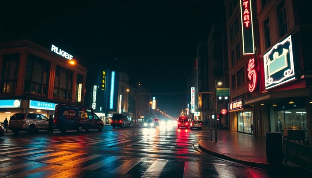 Neon-lit rainy city intersection at night, cinematic anamorphic frame, cinematic warm-neutral color grade, soft directional key light, 35mm lens, shallow depth of field, natural skin tones, subtle film grain