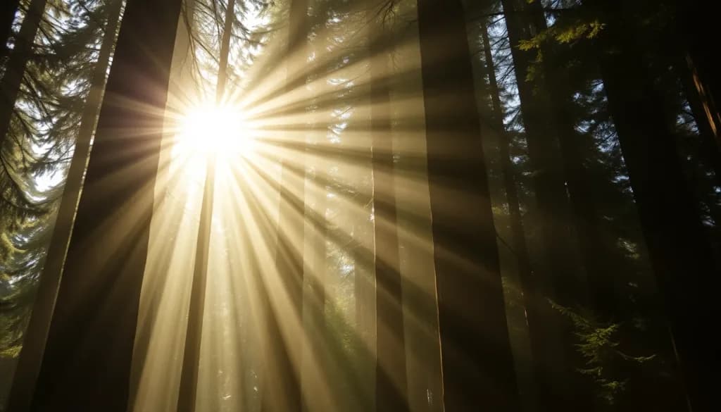 Sunbeams piercing a misty redwood forest, cinematic wide establishing frame, cinematic warm-neutral color grade, soft directional key light, 35mm lens, shallow depth of field, natural skin tones, subtle film grain