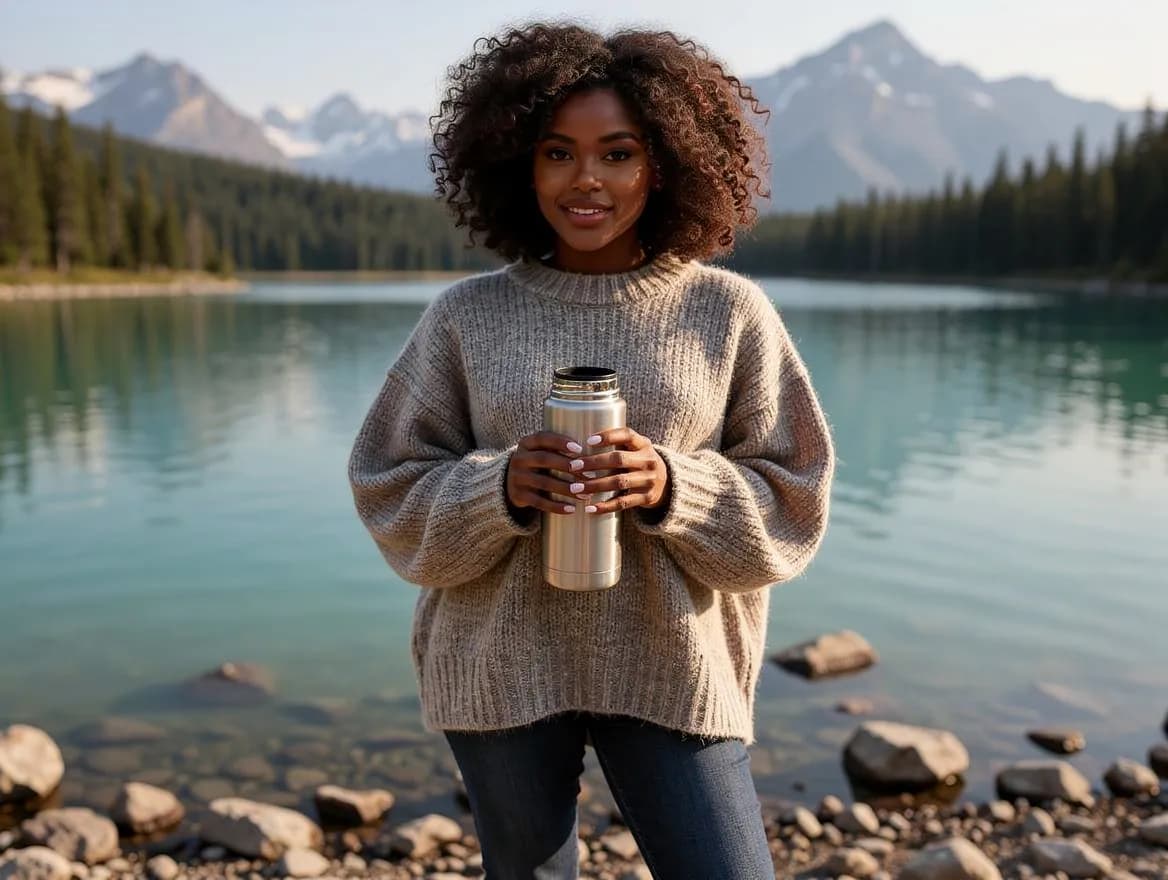 A Lovino preset character at the shore of a turquoise alpine lake, mountains behind