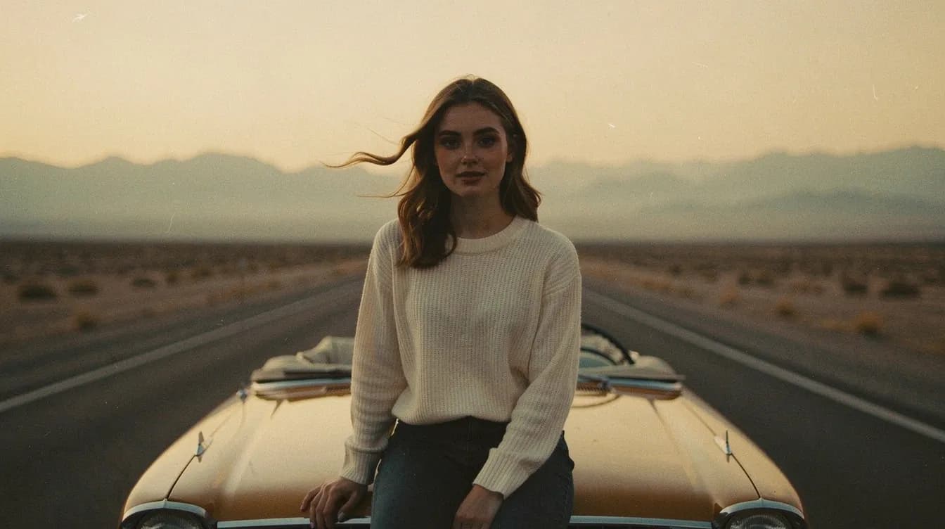 A Lovino preset character beside a car on an open desert highway, wide frame