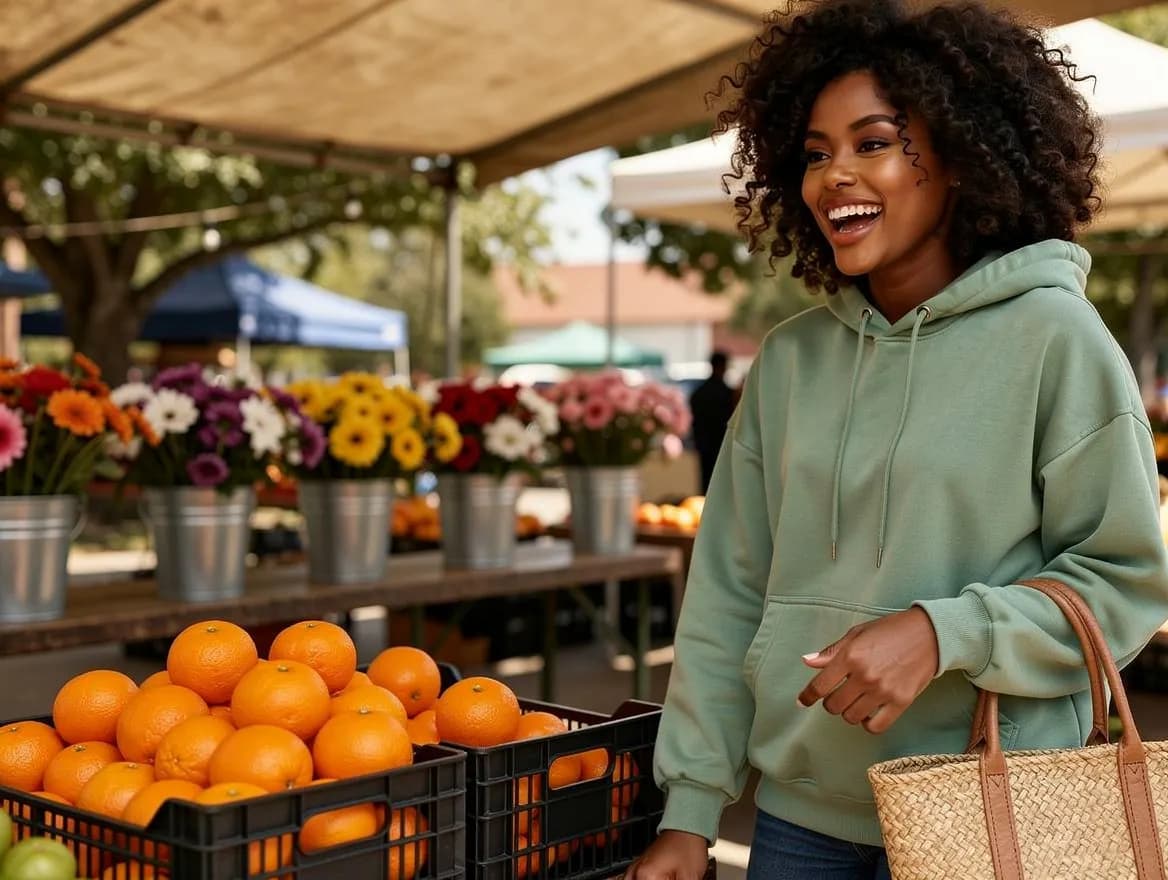 A Lovino preset character browsing produce stalls at a farmers market