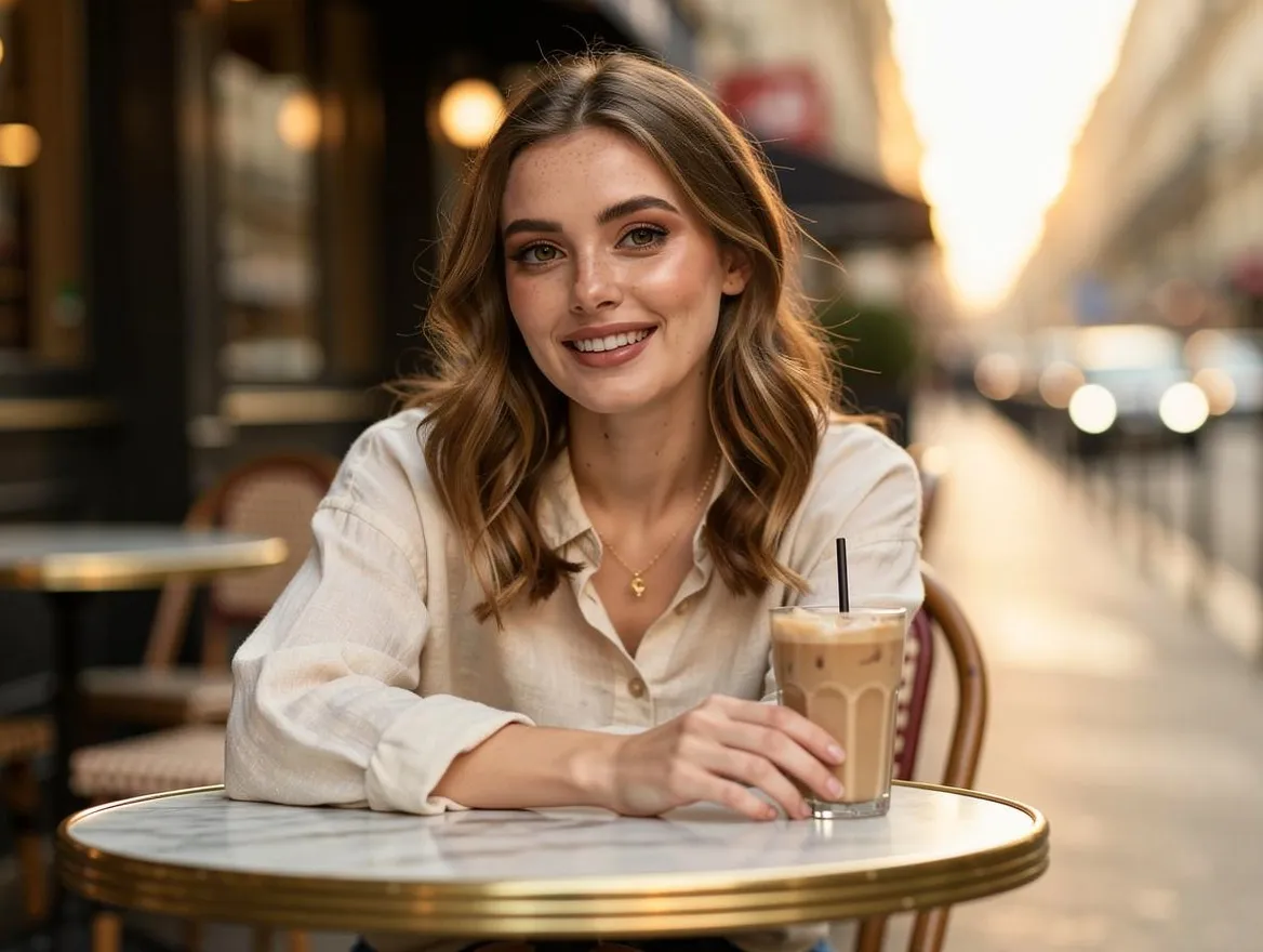 A Lovino preset character at an outdoor café table in warm golden-hour light