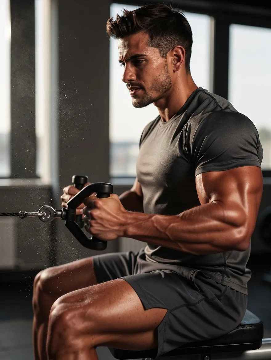 A Lovino preset character mid cable-row workout in a modern gym
