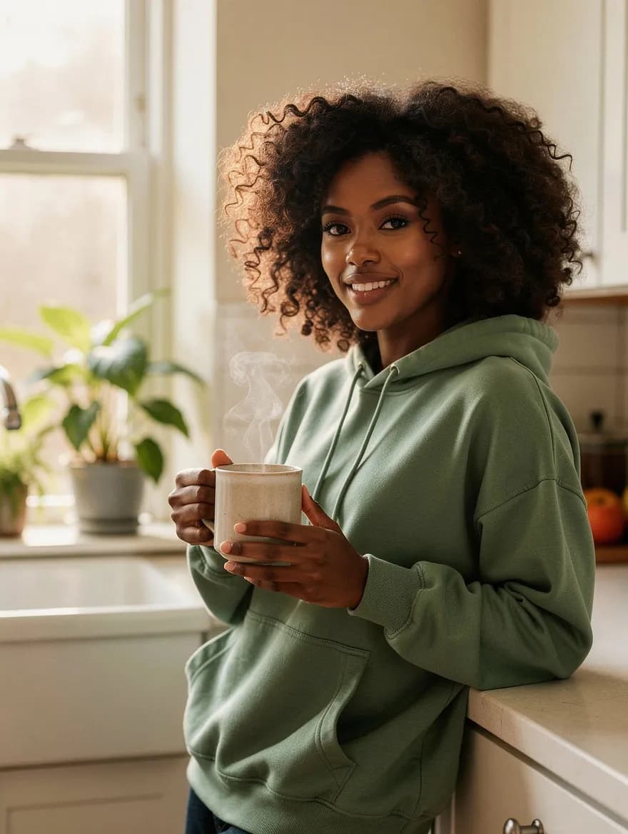 A Lovino preset character in a sunlit kitchen with a mug, soft morning light
