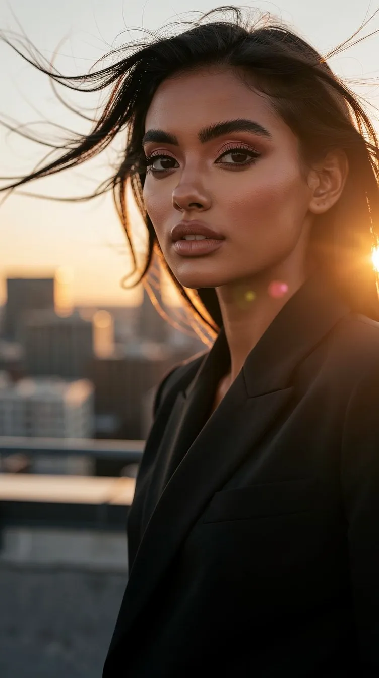 Editorial shot of a Lovino preset character on a rooftop at golden hour, vertical frame