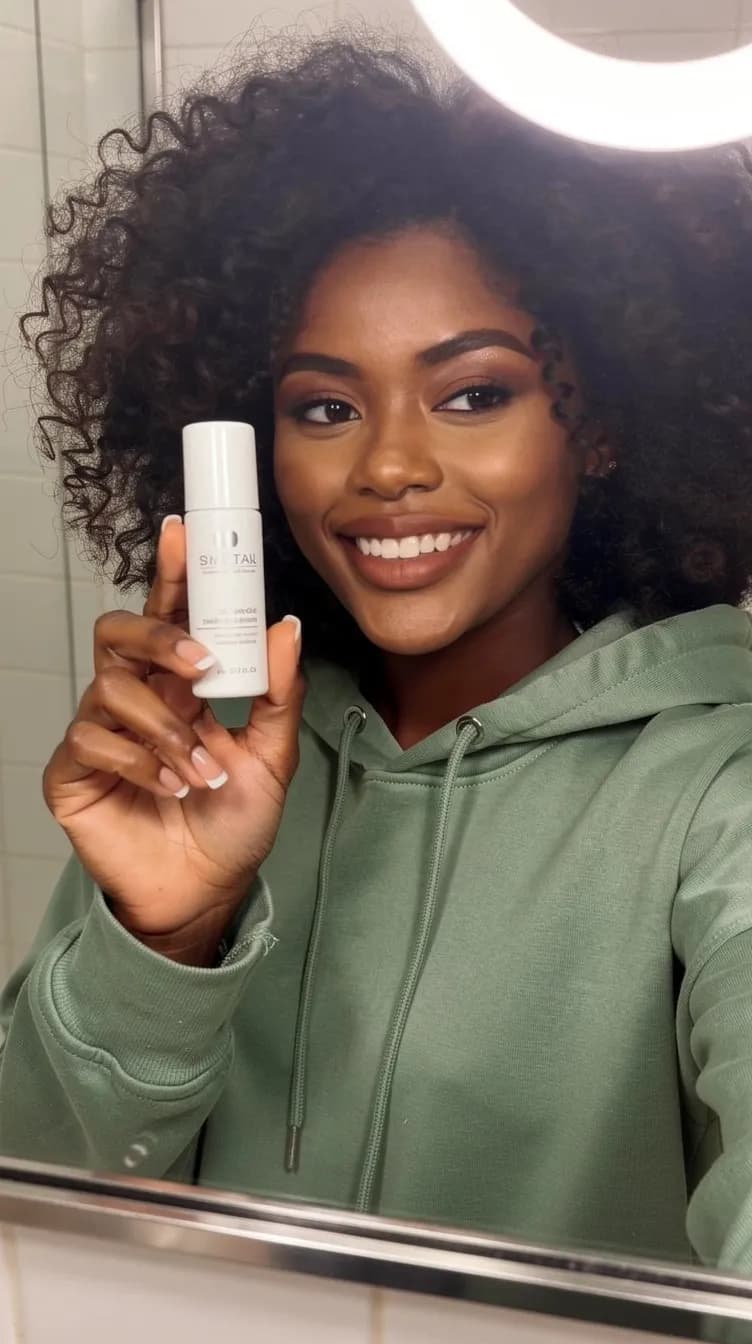A Lovino preset character applying skincare at a mirror, vertical frame