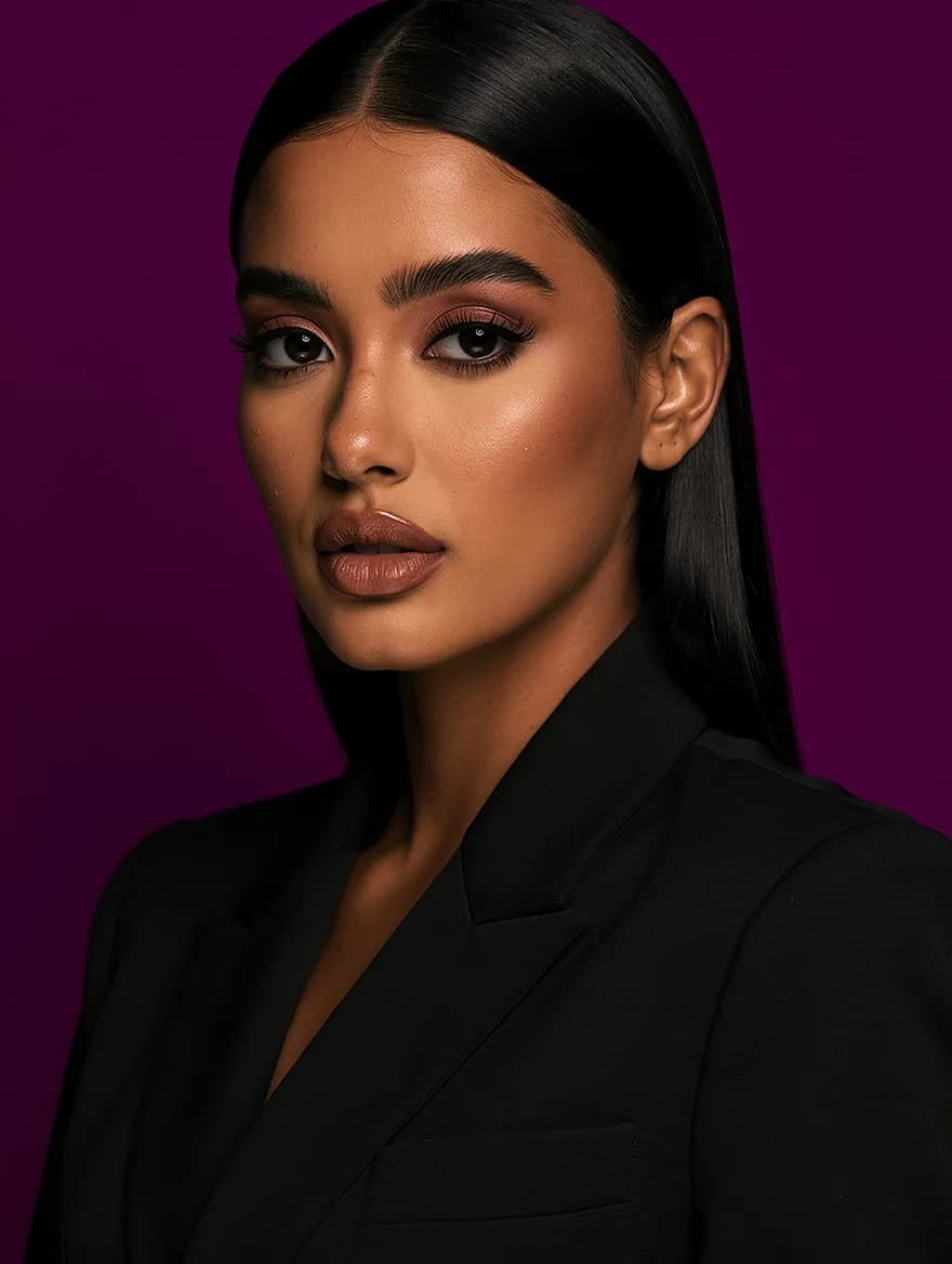 Editorial portrait of a Lovino preset character against a color-block studio backdrop