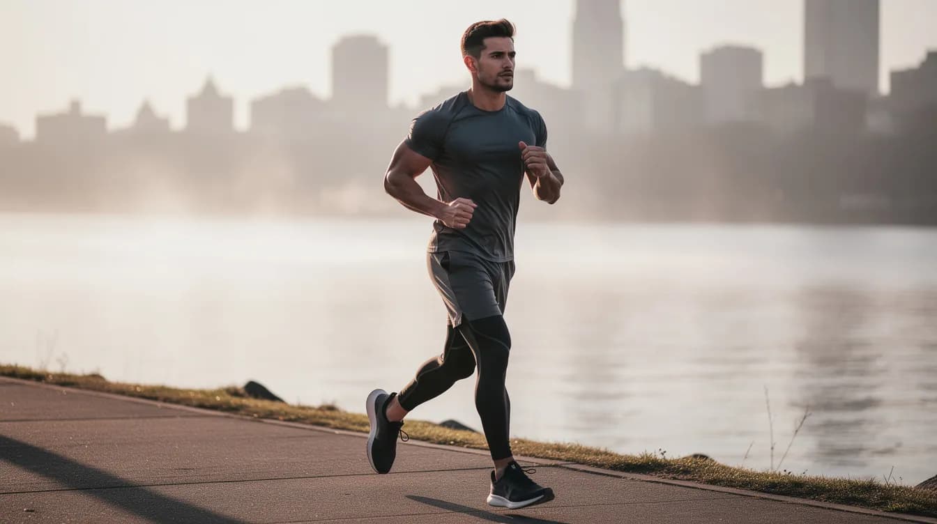A Lovino preset character running a quiet road at sunrise, wide frame