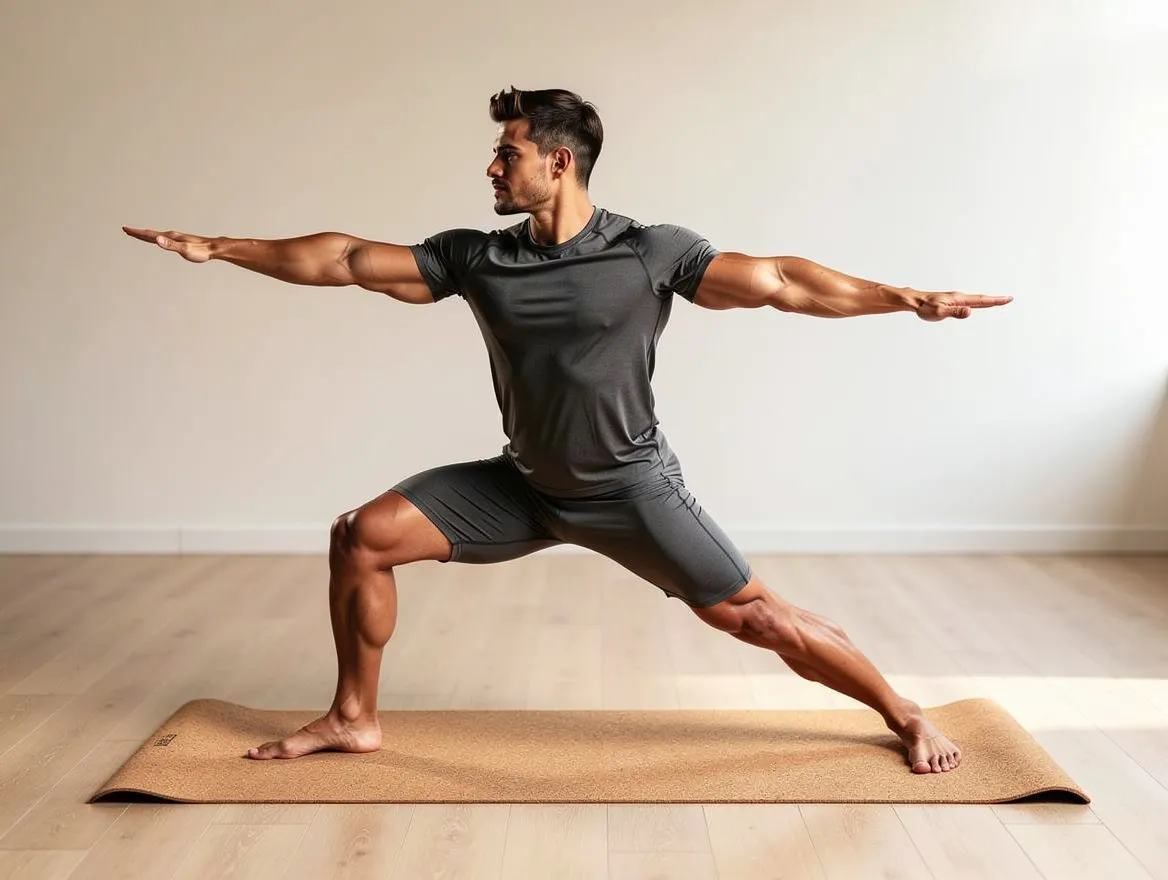 A Lovino preset character holding a yoga pose in a bright studio