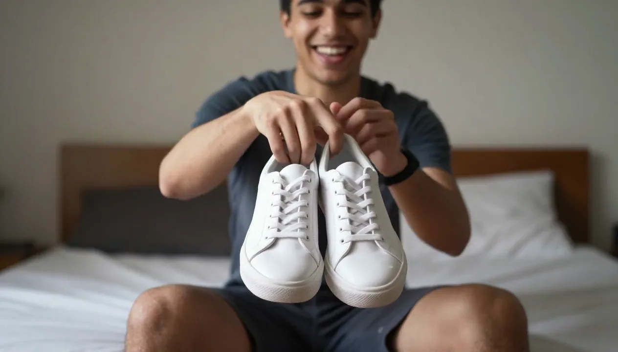 A smiling man sitting on a bed holds up a pair of plain white sneakers to the camera
